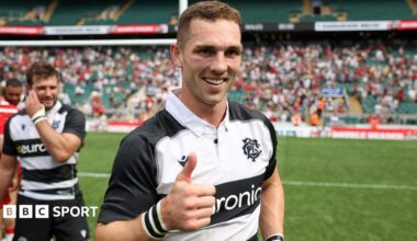 George North with his thumbs up after scoring two tries for Barbarians against Wales
