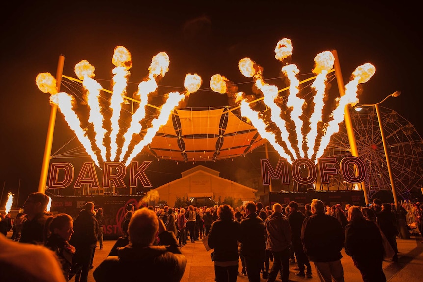 Fireworks let off over a stage for the dark mofo winter festival in Hobart.