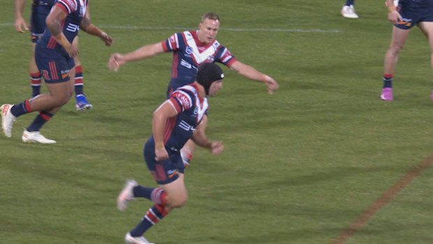 Victor Radley is pinged for being offside when chasing down a kick.