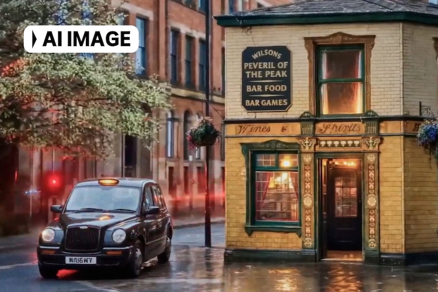 An AI rendering of a pub and a taxi in a Manchester Super Giants video.
