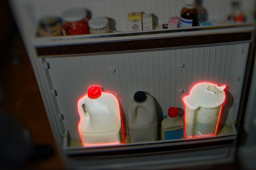 An open fridge door with large bottles of milk on the bottom. 