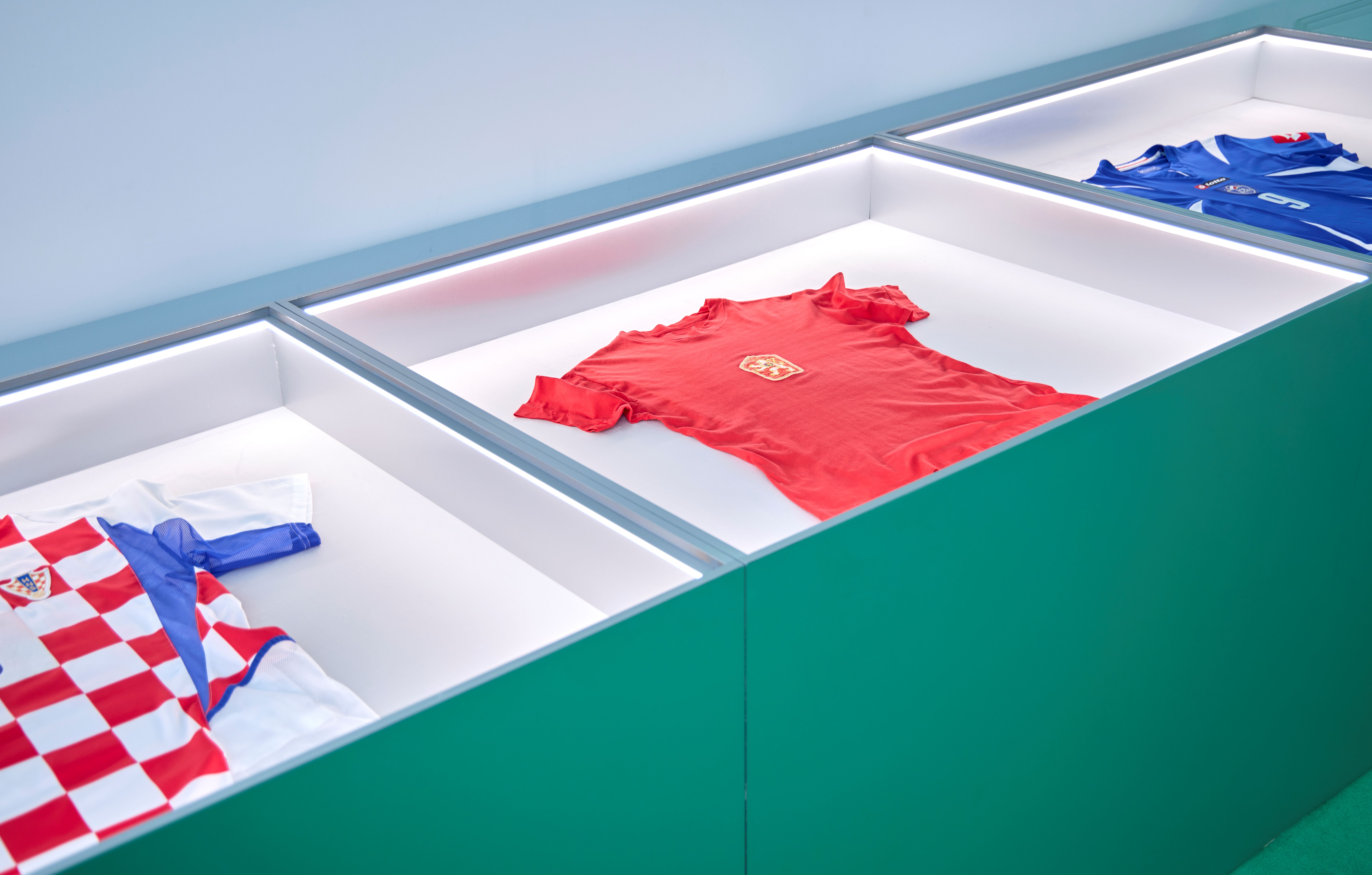 Football jerseys on display at Home of Football: Home &amp; Away