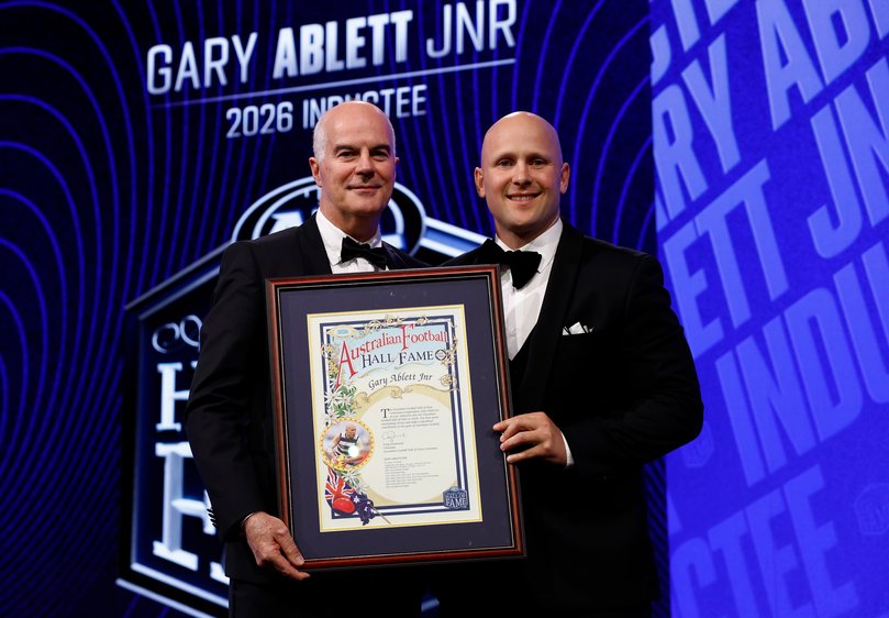 MELBOURNE, AUSTRALIA - JUNE 09: Craig Drummond - Chair of AFL Commission with Gary Ablett Jr. - Hall of Fame inductee during the 2026 Australian Football Hall of Fame at Crown Palladium on June 9, 2026 in Melbourne, Australia. (Photo by Michael Willson/AFL Photos via Getty Images)