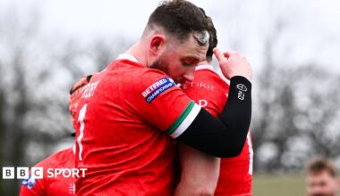 Joe Baldwin and Lloyd Roby of North Wales Crusaders embrace