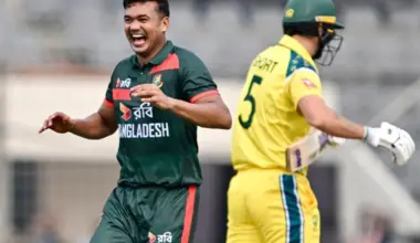 Bangladesh's Taskin Ahmed celebrates after taking the wicket of Australia's Matthew Short in the first one-day international (ODI) at the Sher-e-Bangla National Cricket Stadium in Dhaka on June 9, 2026.