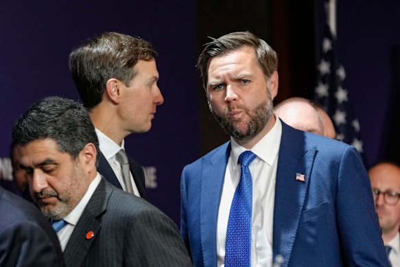 Trump’s son-in-law Jared Kushner (left) and US Vice President JD Vance at the meeting between the US, Iran, Pakistan and Qatar at the Lake Lucerne Summit on Sunday.