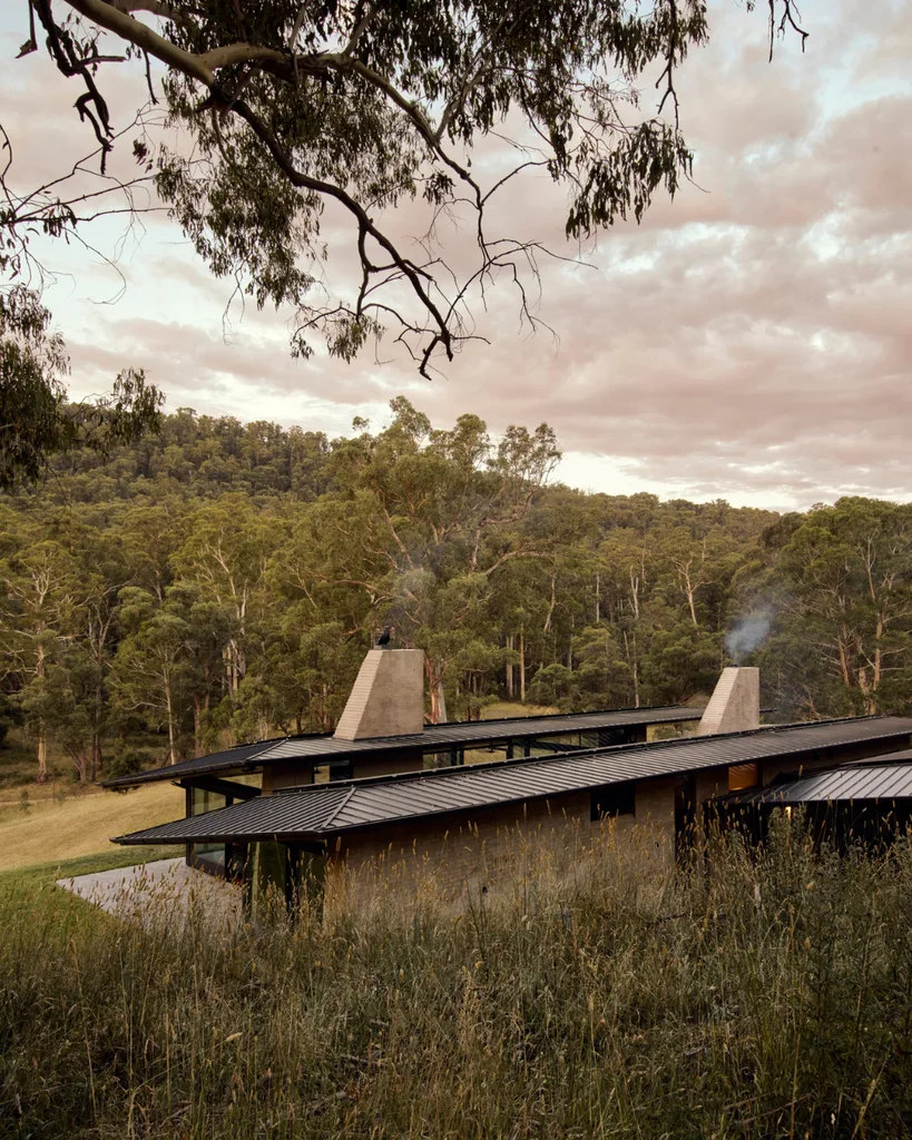 A modern house nestles snugly into the landscape.