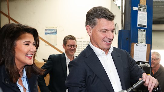 Angus Taylor and his deputy Jane Hume at a visit to a business in Canberra on Monday.