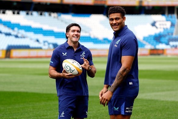 Ben Donaldson and Miles Amatosero speak during the Wallabies Nations Championship squad announcement at Allianz Stadium.