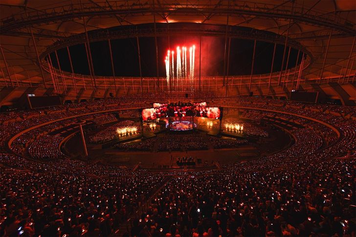 Some 55,000 fans cheer for K-pop boy band BTS during the group's ongoing 'ARIRANG' World Tour at Busan's Asiad Main Stadium, Saturday. Courtesy of BigHit Music