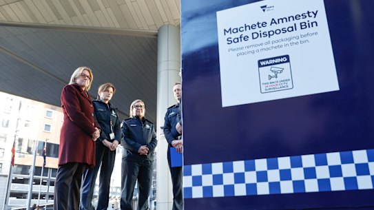 Premier Jacinta Allan views one of the new machete amnesty bins earlier this year.