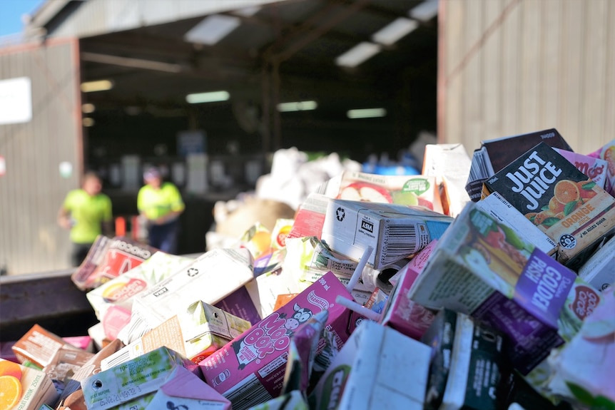 Different sized and coloured cartons including juice and milk poppers, processing shed and workers in background.
