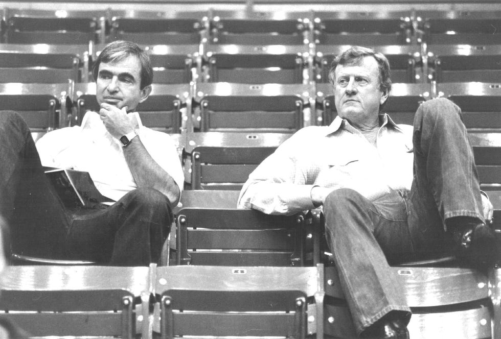 SEP 30 1983, OCT 1 1983; Nuggets GM Carl Scheer, left, and owner Red McCombs were observes Friday.;