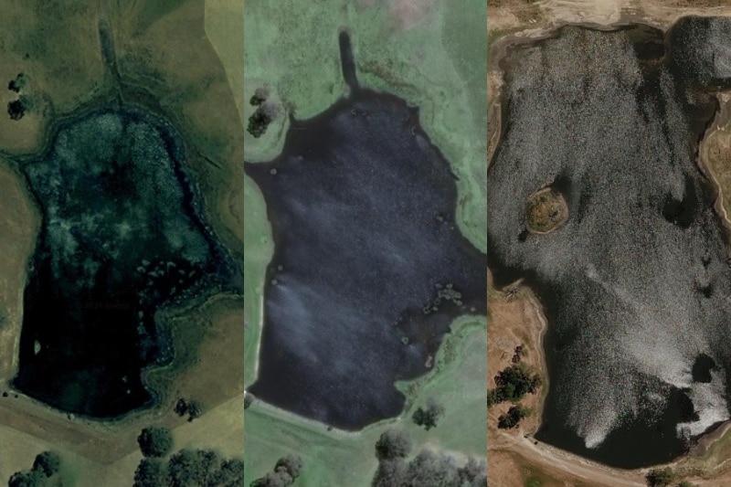 Three images side by side of a body of water that grows