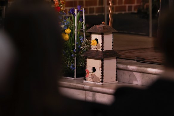 Jenny Piper’s bird houses at her memorial service. Late in life, Jenny developed a love for bird-watching.