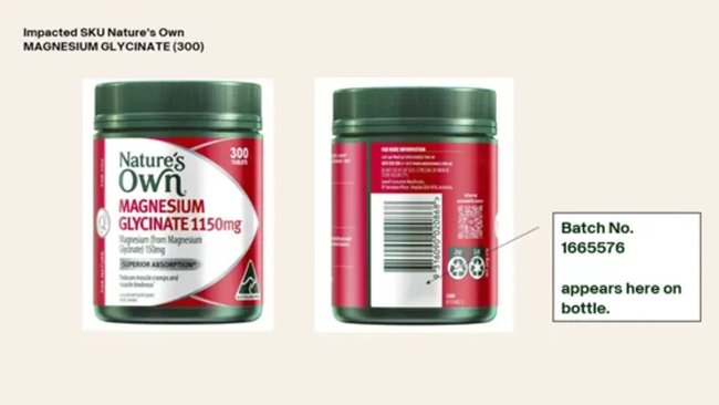 Consumers are being urged to check the batch number on Nature’s Own Magnesium Glycinate 1150mg bottles included in the nationwide recall.