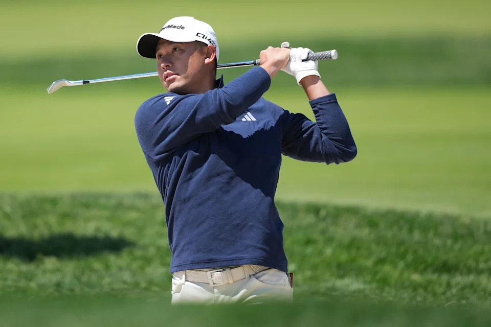 May 15, 2026; Newtown Square, Pennsylvania, USA; Collin Morikawa plays his shot on the third hole during the second round of the PGA Championship golf tournament. Mandatory Credit: James Lang-Imagn Images