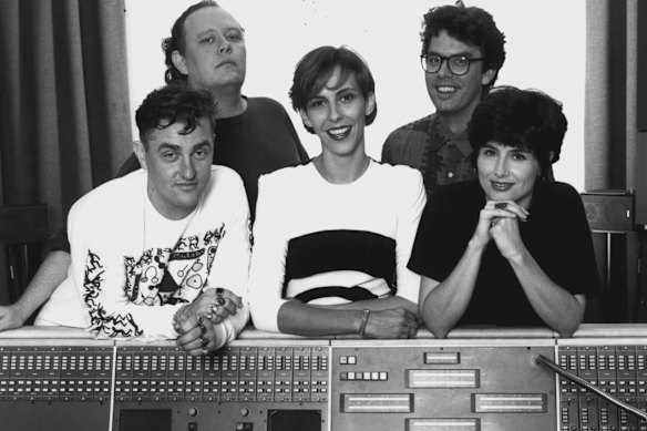 Joanne Corrigan, centre, when she worked on the ABC music show Racket with James Valentine.