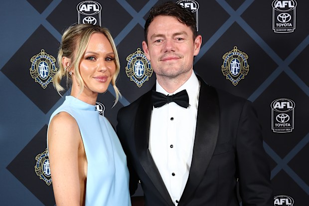 Lachie Neale and Jules Neale arrive at the 2025 Brownlow Medal on September 22, 2025 in Brisbane, Australia.