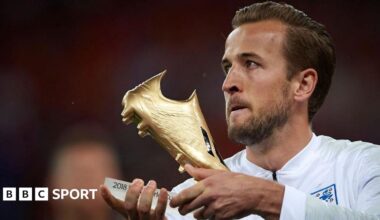 Graphic showing photographs of Kylian Mbappe running with the ball and Harry Kane looking on