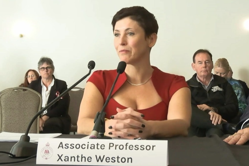 A woman with short, dark hair wears a brightly-coloured dress as she sits at a table in a conference room.