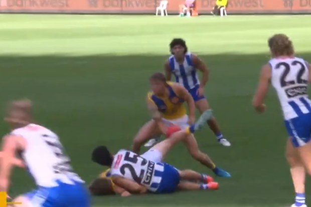 Paul Curtis' tackle concusses Hamish Davis.