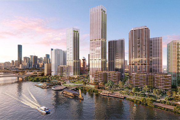 Artist impressions of the Visy site show riverfront promenades and boardwalks, plazas and “amphitheatre-style” areas, parkland and shared pedestrian and cycling pathways.