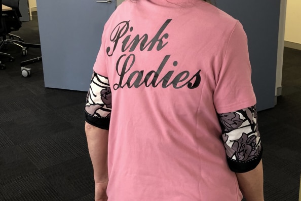 A woman whose face is not seen wears a bright shirt decorated with the words Pink Ladies.