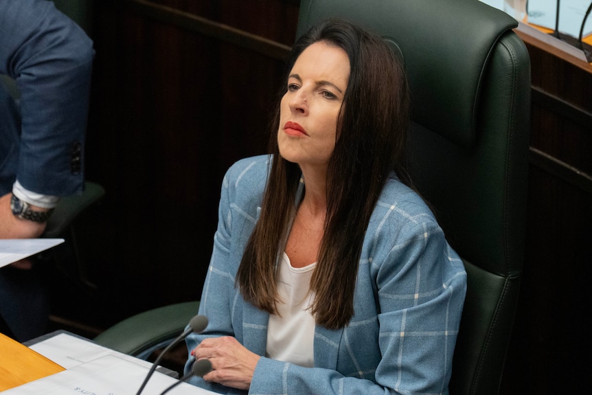 Female and male politicians sitting in a parliament house.