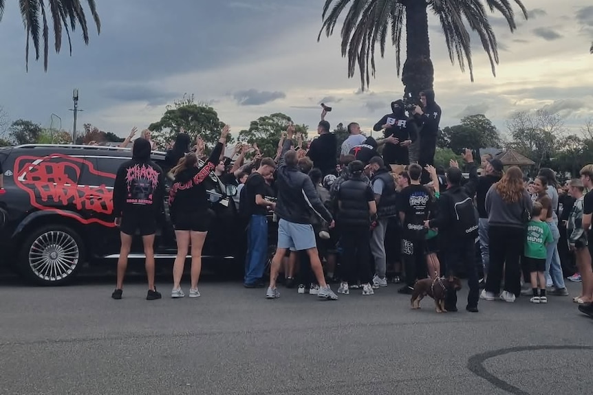 A group of young boys gathering in a park, palm trees, some clouds in sky, black 4wd with bad apples in red written on it.