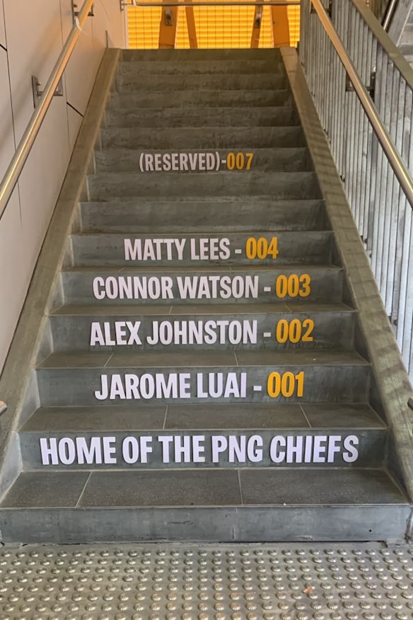 The steps at PNG Chiefs HQ highlighting their recruits ahead of the 2028 NRL season.