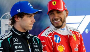 Lewis Hamilton smiles as Kimi Antonelli pouts at the Barcelona GP