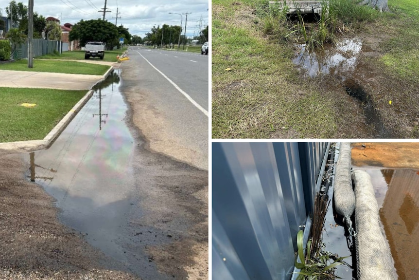Collage of three photos, oil seeping into drains and grasses