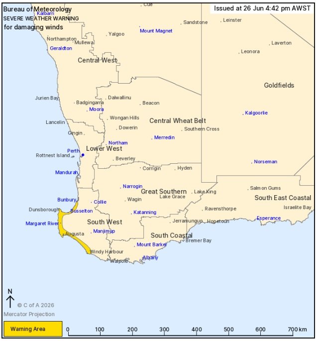 The warning said that gusts of 90 to 100km per hour were likely across coastal communities including Busselton, Dunsborough, Margaret River and Augusta.
