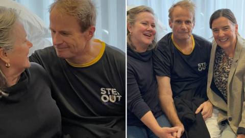 Two images side by side showing two woman sitting with a man who looks ill while seated