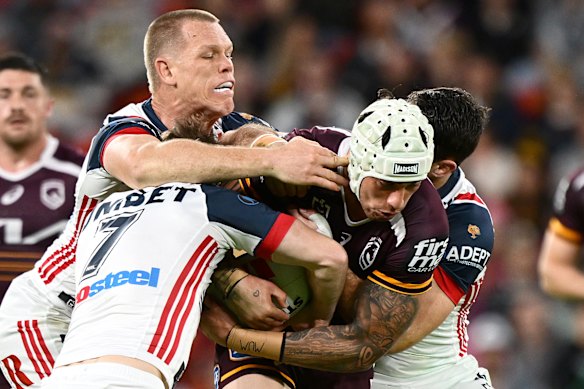 Jordan Riki takes a run for Brisbane against the Roosters.