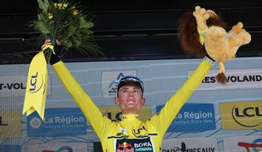 Luke Tuckwell celebrates in the yellow jersey after stage 6 of the Tour Auvergne-Rh&ocirc;ne-Alpes