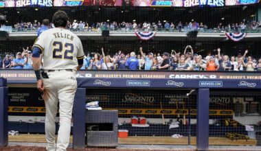 Milwaukee Brewers' Christian Yelich walks off the field after being interviewed following a win over the St. Louis Cardinals in a baseball game Monday, May 25, 2026, in Milwaukee. (AP Photo/Kayla Wolf)