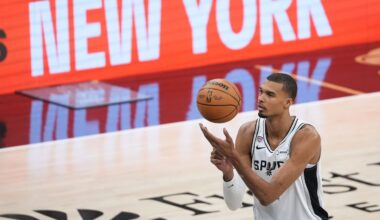 San Antonio Spurs forward Victor Wembanyama shoots a free throw during the first half of Game 2 of the NBA Finals basketball series against the New York Knicks, Friday, June 5, 2026, in San Antonio. (AP Photo/Eric Gay)
