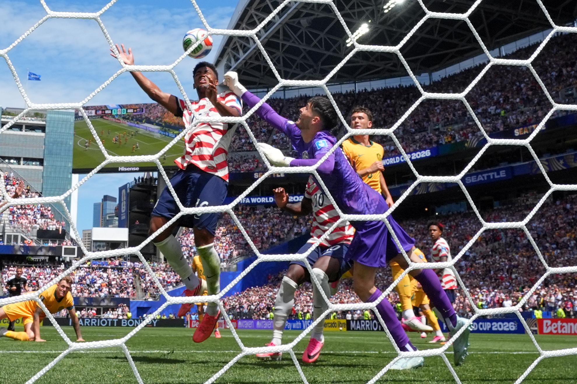 United States’ Alex Freeman (16) scores their second goal during...