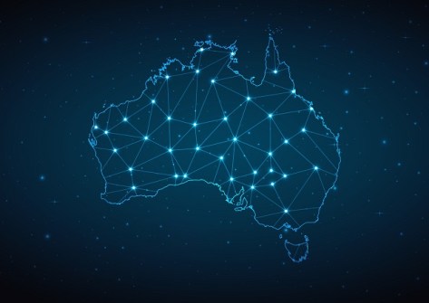 A computer-generated map of Australia in glowing blue lines, with a network of lines and nodes in glowing blue in the country's interior