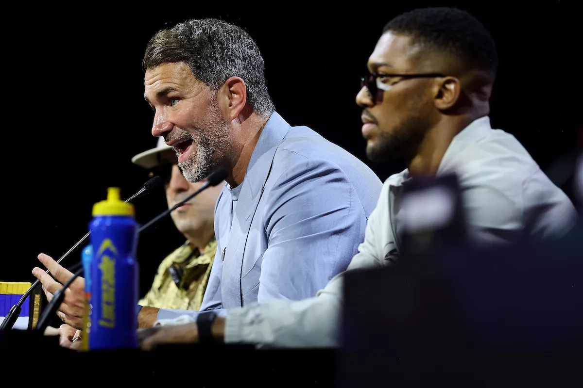 Eddie Hearn takes to the mic with Anthony Joshua alongside him in London on June 1, 2026