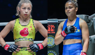 Split screen of MMA fighters Ayaka Miura and Victoria Souza