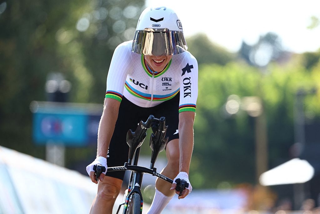 Swiss Marlen Reusser of Movistar Team and pictured as she crosses the finish line of the 24 km time trial of the Women Elite category at the UEC road European cycling championships, Wednesday 01 October 2025, in Loriol-sur-Drome, France. The European cycling championships Drome-Ardeche takes place from 1 to 5 October, France.BELGA PHOTO DAVID PINTENS (Photo by DAVID PINTENS / BELGA MAG / Belga via AFP)