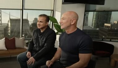 Prometheus co-founders Jeff Bezos and Vik Bajaj sitting for an interview with CNBC
