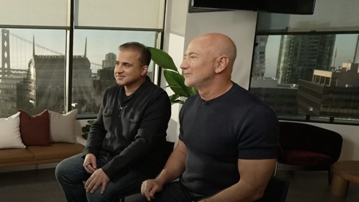 Prometheus co-founders Jeff Bezos and Vik Bajaj sitting for an interview with CNBC
