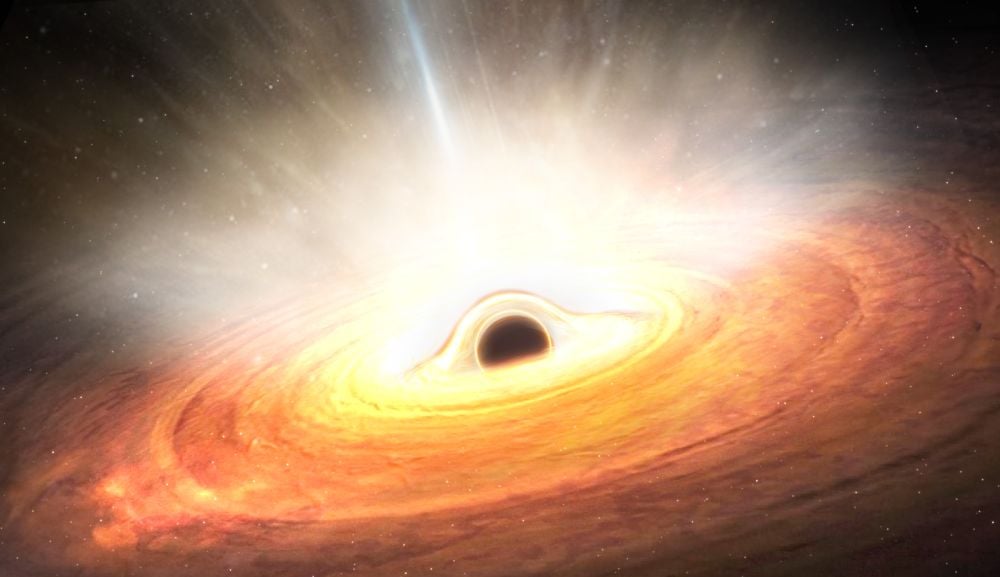 This artist's illustration shows the powerful winds being emitted by a black hole. Astronomers have been trying to find the wind from the Milky Way's supermassive black hole for 50 years, with no luck. But now it looks like they've finally detected it. Image Credit: ESA (acknowledgement: work performed by ATG under contract to ESA). Licence: CC BY-SA 3.0 IGO or ESA Standard Licence