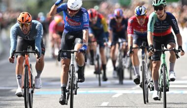 COPENHAGEN, DENMARK - JUNE 14: Jasper Philipsen of Belgium and Team Alpecin-Premier Tech (C) celebrates at finish line as race winner ahead of (L-R) Sam Welsford of Australia and Netcompany INEOS Cycling Team and Tobias Lund Andresen of Denmark and Team Decathlon CMA CGM during the 2nd Copenhagen Sprint 2026 - Men&amp;apos;s Elite a 228.2km one day race from Roskilde to Copenhagen / #UCIWT / on June 14, 2026 in Copenhagen, Denmark. (Photo by Luc Claessen/Getty Images)