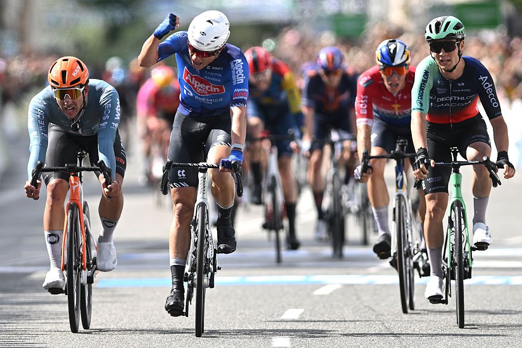 COPENHAGEN, DENMARK - JUNE 14: Jasper Philipsen of Belgium and Team Alpecin-Premier Tech (C) celebrates at finish line as race winner ahead of (L-R) Sam Welsford of Australia and Netcompany INEOS Cycling Team and Tobias Lund Andresen of Denmark and Team Decathlon CMA CGM during the 2nd Copenhagen Sprint 2026 - Men&amp;apos;s Elite a 228.2km one day race from Roskilde to Copenhagen / #UCIWT / on June 14, 2026 in Copenhagen, Denmark. (Photo by Luc Claessen/Getty Images)