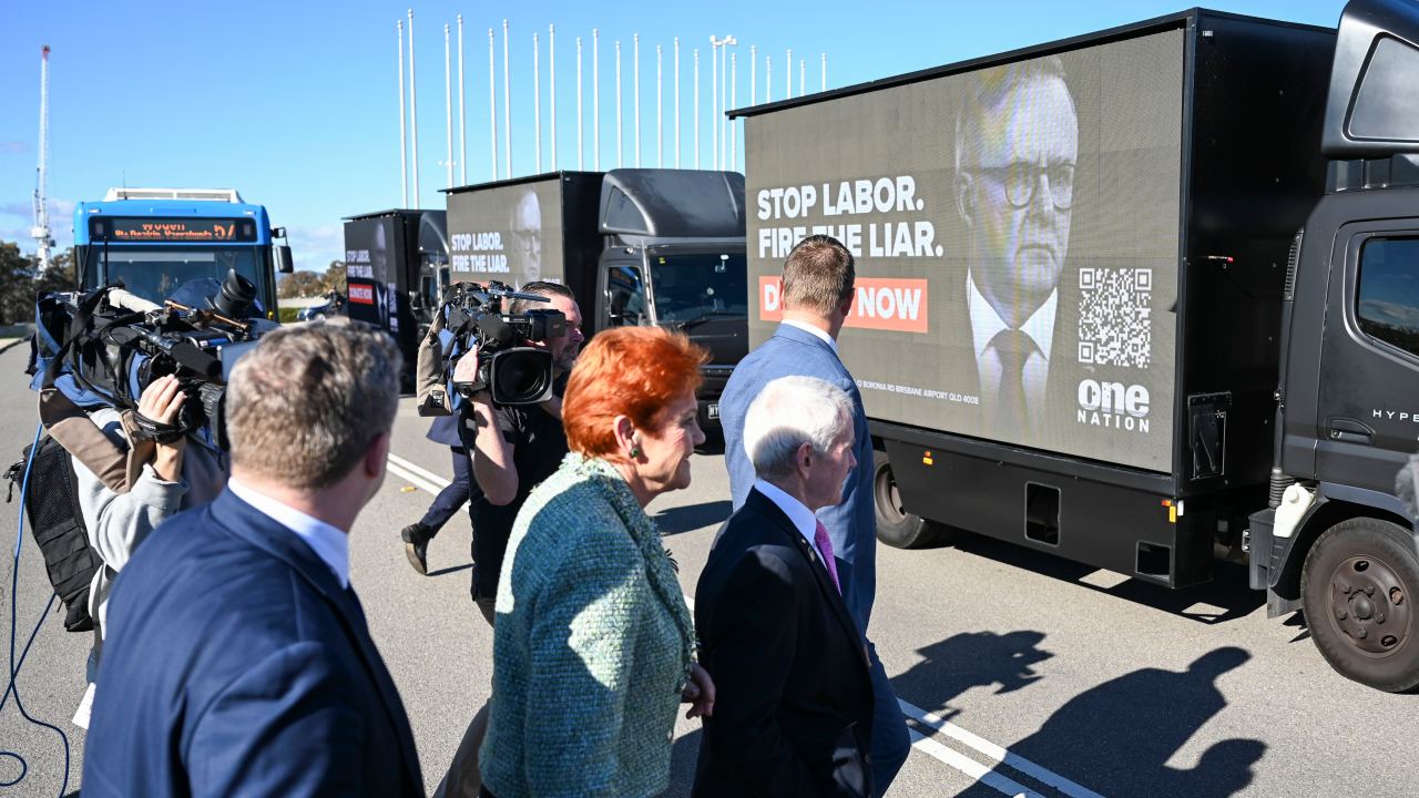 One Nation baits Prime Minister Anthony Albanese with 'Fire the Liar' trucks at Parliament House